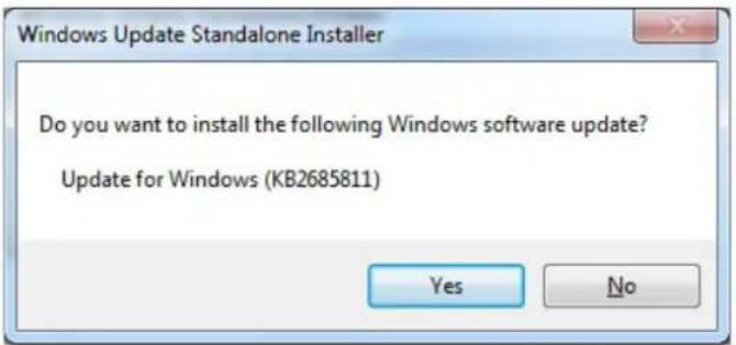 Windows Update Standalone Installer Do you want to install the following Windows software update? Update for Windows (KB2685811) Yes No