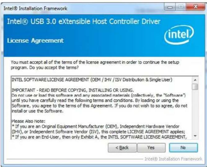 Intel® USB 3.0 eXtensible Host Controller Driver License Agreement You must accept all of the terms of the license agreement in order to continue the setup program. Do you accept the terms? INTEL SOFTWARE LICENSE AGREEMENT (OEM / IHV / ISV Distribution & Single User) IMPORTANT - READ BEFORE COPYING, INSTALLING OR USING. Do not use or load this software and any associated materials (collectively, the "Software") until you have carefully read the following terms and conditions. By loading or using the Software, you agree to the terms of this Agreement. If you do not wish to so agree, do not install or use the Software. Please Also Note: * If you are an Original Equipment Manufacturer (OEM), Independent Hardware Vendor (IHV), or Independent Software Vendor (ISV), this complete LICENSE AGREEMENT applies; * If you are an End-User, then only Exhibit A, the INTEL SOFTWARE LICENSE AGREEMENT, < Back Yes No Intel® Installation Framework