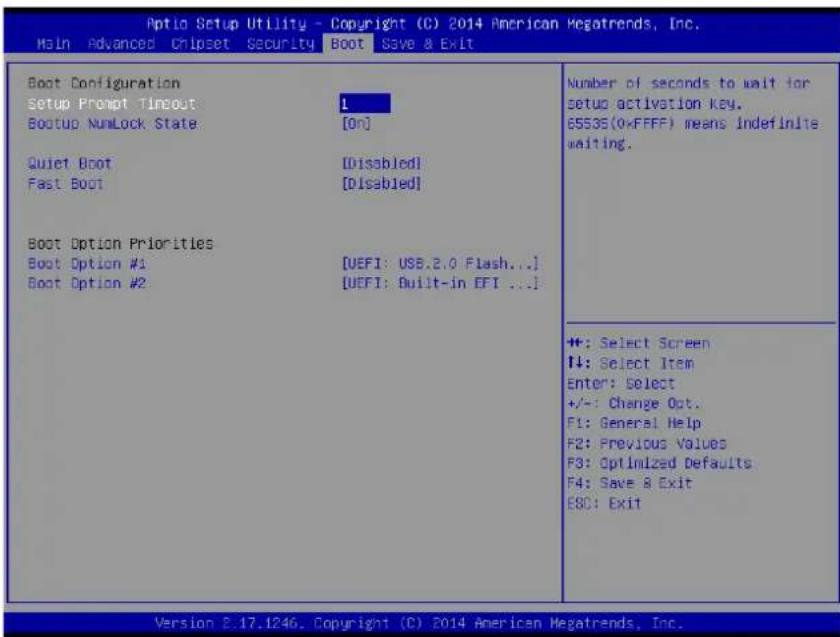 Optio Setup Utility - Copyright (C) 2014 American Megatrends, Inc. Main Advanced Chipset Security Boot Save & Exit Boot Configuration Setup Prompt Timeout Bootup NumLock State Quiet Boot Fast Boot Boot Option Priorities Boot Option #1 Boot Option #2 L [On] [Disabled] [Disabled] [UEFI: USB.2.0 Flash...] [UEFI: Built-in EFI ...] Number of seconds to wait for setup activation key. ES535(0+FFFF) means indefinite waiting. ++: Select Screen ↑↓: Select Item Enter: Select +/-: Change Opt. F1: General Help F2: Previous Values F3: Optimized Defaults F4: Save & Exit ESC: Exit Version 2.17.1246. Copyright (C) 2014 American Megatrends, Inc.