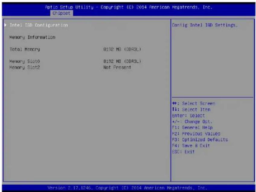 Aptio Setup Utility - Copyright (C) 2014 American Megatrends, Inc. Cnlpset Intel I&D Configuration Memory Information Total Memory 8152 MB (DDR3L) Memory Slot0 8152 MB (DDR3L) Memory Slot2 Not Present Config Intel I&D Settings. ++: Select Screen ↑↓: Select Item Enter: Select +/-: Change Opt. F1: General Help F2: Previous Values F3: Optimized Defaults F4: Save & Exit ESC: Exit Version 2.17.1246. Copyright (C) 2014 American Megatrends, Inc.