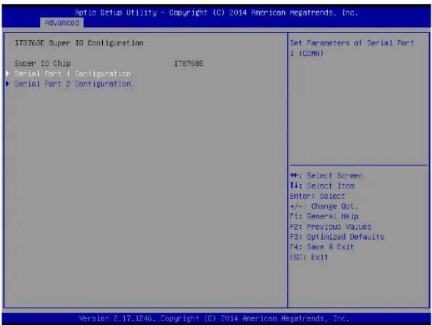 Optic Setup Utility - Copyright (C) 2014 American Megatrends, Inc. Advanced ITB768E Super IO Configuration Super IO Chip ITB768E ► Serial Port 1 Configuration ► Serial Port 2 Configuration Set Parameters of Serial Port 1 (COMA) +:-: Select Screen ↑↓: Select Item Enter: Select +/-: Change Opt. F1: General Help F2: Previous Values F3: Optimized Defaults F4: Save & Exit E8C: Exit Version 2.17.1246. Copyright (C) 2014 American Megatrends, Inc.