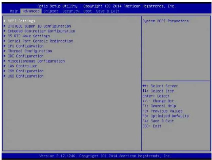 Aptio Setup Utility - Copyright (C) 2014 American Megatrends, Inc. Main Advanced Chipset Security Boot Save & Exit ► ACPI Settings ► IT876SE Super 10 Configuration ► Embedded Controller Configuration ► 35 RTC Wake Settings ► Serial Port Console Redirection ► CPU Configuration ► Thermal Configuration ► IDE Configuration ► Miscellaneous Configuration ► LAN Controller ► CSM Configuration ► USB Configuration System ACPI Parameters. ++: Select Screen ↑↓: Select Item Enter: Select +/-: Change Opt. F1: General Help F2: Previous Values F3: Optimized Defaults F4: Save & Exit ESC: Exit Version 2.17.1246. Copyright (C) 2014 American Megatrends, Inc.