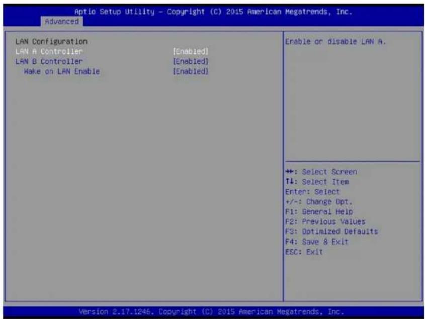 Aptio Setup Utility - Copyright (C) 2015 American Megatrends, Inc. Advanced LAN Configuration LAN A Controller [Enabled] LAN B Controller [Enabled] Make on LAN Enable [Enabled] Enable or disable LAN A. ++: Select Screen T↓: Select Item Enter: Select +/-: Change Opt. F1: General Help F2: Previous Values F3: Optimized Defaults F4: Save & Exit ESC: Exit Version 2.17.1246. Copyright (C) 2015 American Megatrends, Inc.