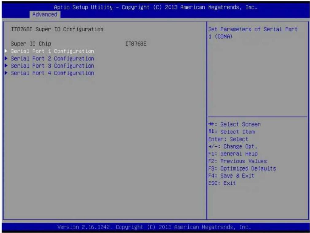 Aptio Setup Utility - Copyright (C) 2013 American Megatrends, Inc. Advanced ITB768E Super IO Configuration Super IO Chip ITB768E ► Serial Port 1 Configuration ► Serial Port 2 Configuration ► Serial Port 3 Configuration ► Serial Port 4 Configuration Set Parameters of Serial Port 1 (COMA) +: Select Screen 1↓: Select Item Enter: Select +/-: Change Opt. F1: General Help F2: Previous Values F3: Optimized Defaults F4: Save & Exit ESC: Exit Version 2.16.1242. Copyright (C) 2013 American Megatrends, Inc.