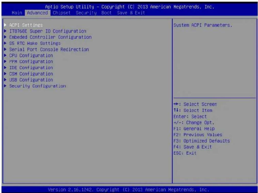 Aptio Setup Utility - Copyright (C) 2013 American Megatrends, Inc. Main Advanced Chipset Security Boot Save & Exit ACPI Settings IT8768E Super IO Configuration Embedded Controller Configuration S5 RTC Wake Settings Serial Port Console Redirection CPU Configuration PPM Configuration IDE Configuration CSM Configuration USB Configuration Security Configuration System ACPI Parameters. +: Select Screen ↑↓: Select Item Enter: Select +/-: Change Opt. F1: General Help F2: Previous Values F3: Optimized Defaults F4: Save & Exit ESC: Exit Version 2.16.1242. Copyright (C) 2013 American Megatrends, Inc.