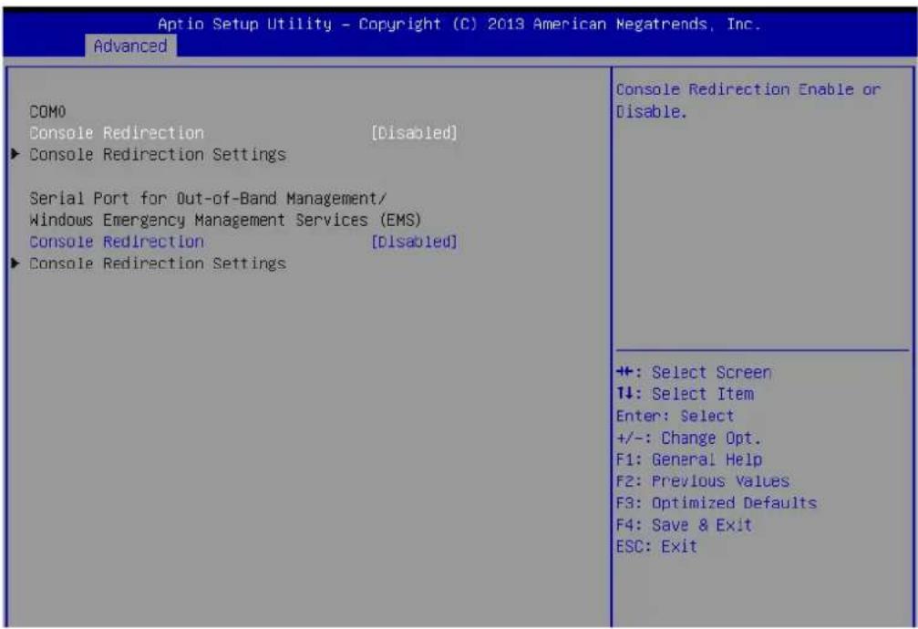 Aptio Setup Utility - Copyright (C) 2013 American Megatrends, Inc. Advanced COMO Console Redirection [Disabled] ► Console Redirection Settings Serial Port for Out-of-Band Management/ Windows Emergency Management Services (EMS) Console Redirection [Disabled] ► Console Redirection Settings Console Redirection Enable or Disable. +: Select Screen 1↓: Select Item Enter: Select +/-: Change Opt. F1: General Help F2: Previous Values F3: Optimized Defaults F4: Save & Exit ESC: Exit