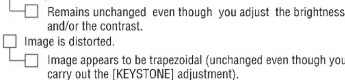 Remains unchanged even though you adjust the brightness and/or the contrast. Image is distorted. Image appears to be trapezoidal (unchanged even though you carry out the [KEYSTONE] adjustment).