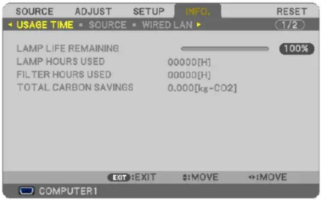 SOURCE ADJUST SETUP INFO. RESET 1/2 USAGE TIME SOURCE WIRED LAN LAMP LIFE REMAINING LAMP HOURS USED 00000[H] FILTER HOURS USED 00000[H] TOTAL CARBON SAVINGS 0.000[kg-CO2] EXIT:EXIT :MOVE :MOVE COMPUTER1