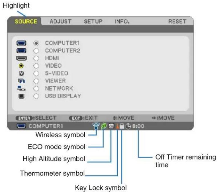 Highlight SOURCE ADJUST SETUP NFO. RESET COMPUTER1 COMPUTER2 HDMI VIDEO S-VIDEO VIEWER NETWORK USB DISPLAY ENTER:SELECT EXIT:EXIT :MOVE :MOVE COMPUTER1 Wireless symbol ECO mode symbol High Altitude symbol Thermometer symbol Key Lock symbol Off Timer remaining time