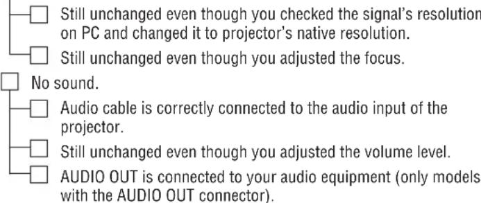 Still unchanged even though you checked the signal's resolution on PC and changed it to projector's native resolution. Still unchanged even though you adjusted the focus. No sound. Audio cable is correctly connected to the audio input of the projector. Still unchanged even though you adjusted the volume level. AUDIO OUT is connected to your audio equipment (only models with the AUDIO OUT connector).