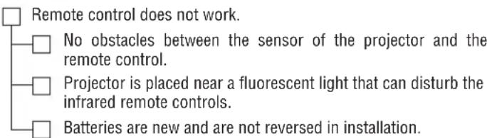 Remote control does not work. No obstacles between the sensor of the projector and the remote control. Projector is placed near a fluorescent light that can disturb the infrared remote controls. Batteries are new and are not reversed in installation.
