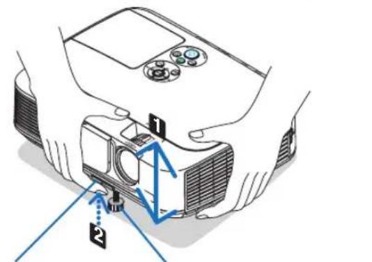Diagram showing hands operating a projector with labeled parts and directional arrows indicating motion or movement.