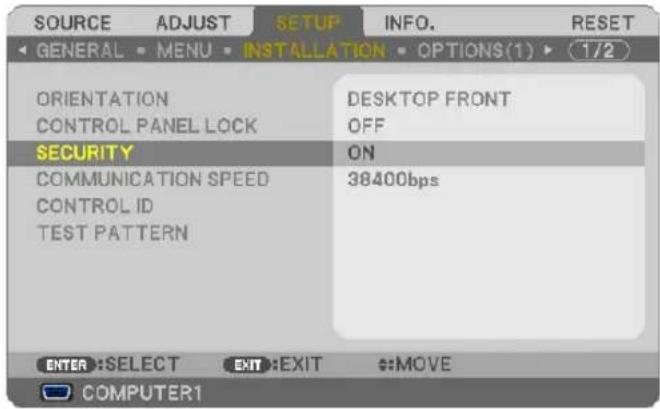 SOURCE ADJUST SETUP INFO. RESET GENERAL MENU INSTALLATION OPTIONS(1) 1/2 ORIENTATION CONTROL PANEL LOCK DESKTOP FRONT OFF SECURITY ON COMMUNICATION SPEED CONTROL ID TEST PATTERN 38400bps ENTER :SELECT EXIT :EXIT MOVE COMPUTER1