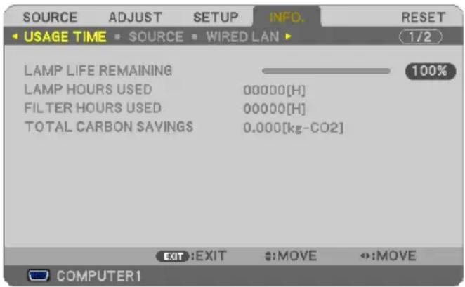 SOURCE ADJUST SETUP INFO. RESET USAGE TIME SOURCE WIRED LAN 1/2 LAMP LIFE REMAINING LAMP HOURS USED 00000[H] FILTER HOURS USED 00000[H] TOTAL CARBON SAVINGS 0.000[kg-CO2] EXIT:EXIT :MOVE :MOVE COMPUTER1