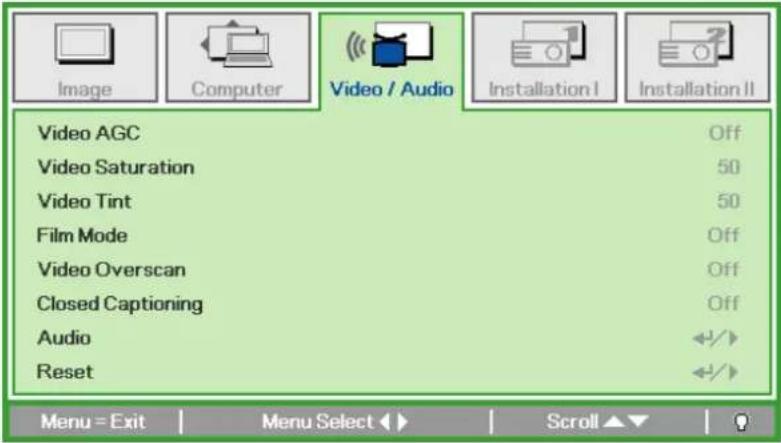 VIVITEK D330WX - Video/Audio Menu - 1