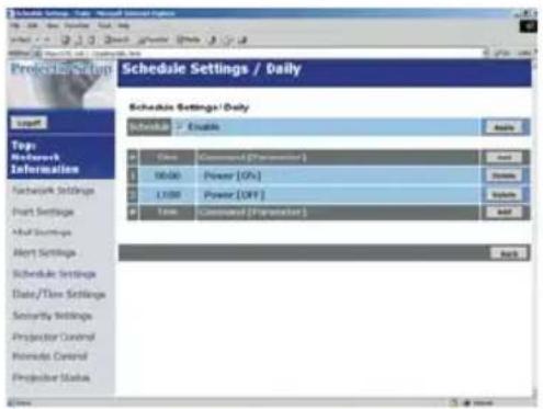 Schedule Settings - Daily Schedule Settings / Daily Schedule Settings / Daily Schedule Options Name: Command (Parameter) 10000: Power [On] 17000: Power [Off] Time: Command (Parameter) Next Next
