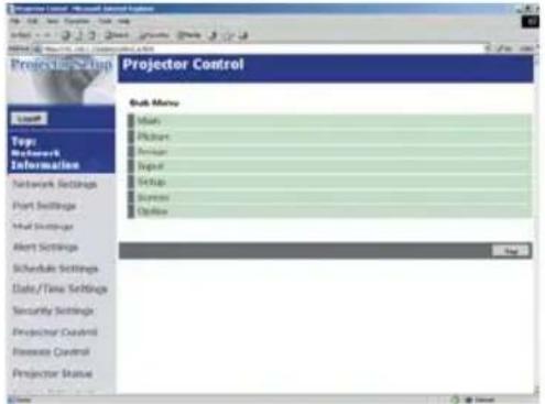 Projector Setup Projector Control Task Menu Main Picture Inspector Input Setup Showout Options Alert Settings Schedule Settings Date/Time Settings Security Settings Projector Control Resource Control Projector Status