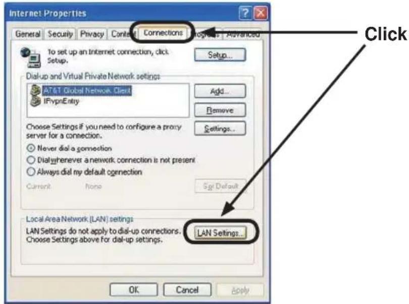 Internet Properties General Security Privacy Context Connections Programs Advanced To set up an Internet connection, click Setup. Setup... Dial-up and Virtual Private Network settings AT&T Global Network. Client IFyptnEntry Add... Remove Settings... Choose Settings if you need to configure a proxy server for a connection. Never dial a connection Dial whenever a network connection is not present Always dial my default connection Current None Sign Default Local Area Network (LAN) settings LAN Settings do not apply to dial-up connections. Choose Settings above for dial-up settings. LAN Settings... OK Cancel Apply Click