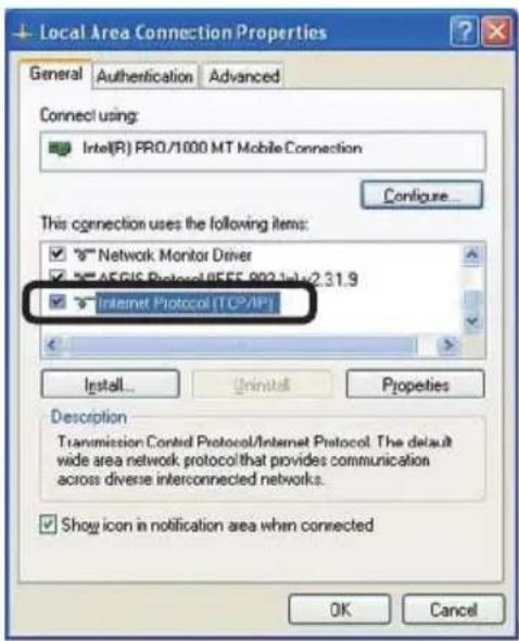 Local Area Connection Properties General Authentication Advanced Connect using: Intel(R) PRO/1000 MT Mobile Connection Configure... This connection uses the following items: ✓ Network Monitor Driver ✓ AEGIS Protocol/IEEE 902.1n=2.31.9 ✓ Internet Protocol [TCP/IP] Install... Uninstall Properties Description Transmission Control Protocol/Internet Protocol: The default wide area network protocol that provides communication across diverse interconnected networks. ✓ Show icon in notification area when connected OK Cancel