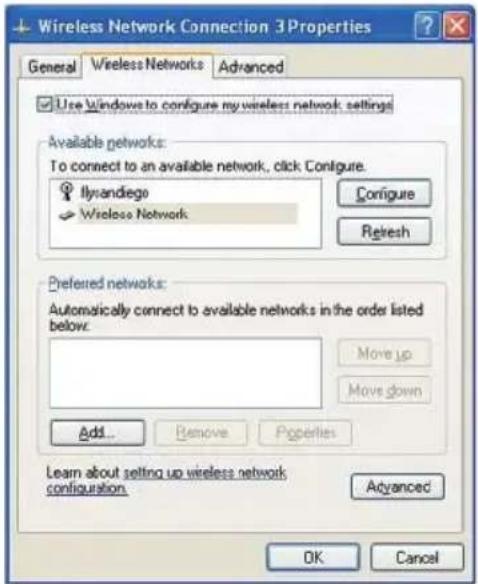 Wireless Network Connection 3 Properties General Wireless Networks Advanced Use Windows to configure my wireless network settings Available networks: To connect to an available network, click Configure. Ilyandiego Wirelose Network Configure Refresh Preferred networks: Automatically connect to available networks in the order listed below. Move up Move down Add... Remove Properties Learn about setting up wireless network configuration. Advanced OK Cancel