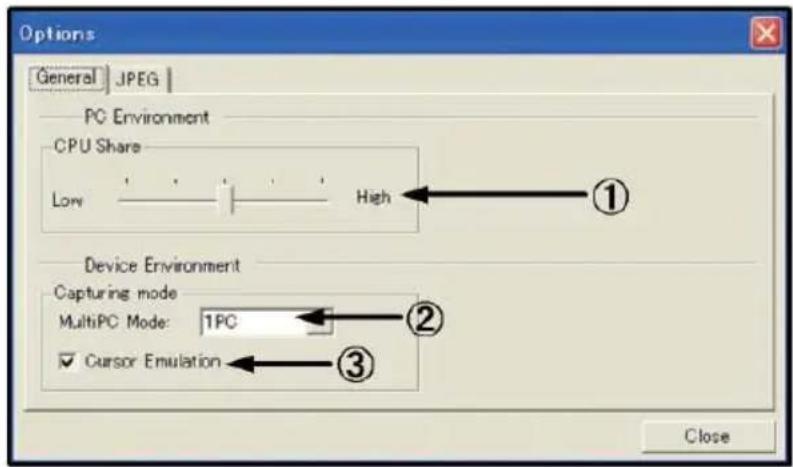 Options General JPEG PC Environment CPU Share Low High Device Environment Capturing mode MultiPC Mode: 1PC Cursor Emulation Close