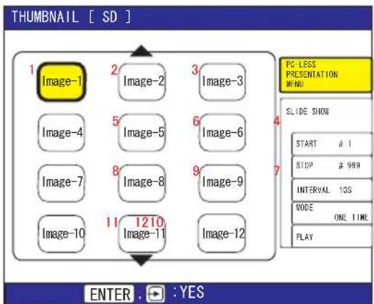 THUMBNAIL [ SD ] 1 Image-1 2 Image-2 3 Image-3 4 5 Image-5 6 Image-6 7 Image-7 8 Image-8 9 Image-9 10 Image-10 11 1210 Image-11 Image-12 PC-LESS PRESENTATION MENU SLIDE SHOW START # 1 STOP # 999 INTERVAL 10S NODE ONE TIME PLAY ENTER . : YES