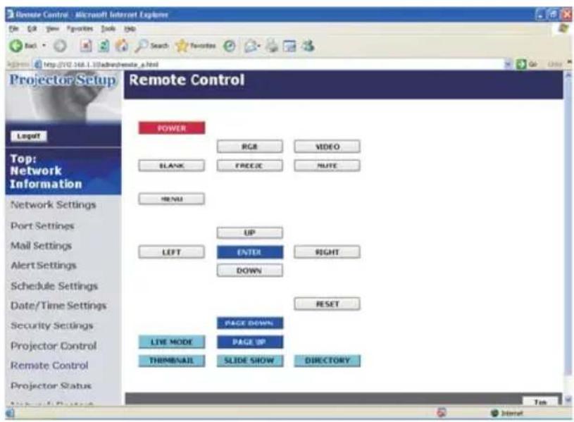 Remote Control - Microsoft Internet Explorer File Edit View Favorites Tools Help Back Search Favorites Projector Setup Projector Setup Remote Control Layout Top: Network Information Network Settings Port Settings Mail Settings Alert Settings Schedule Settings Date/Time Settings Security Settings Projector Control Remote Control Projector Status POWER RGB VIDEO BLANK FREEC NOTE MENU UP LEFT ENTER RIGHT DOWN RESET PAGE DOWN LIVE MODE PAGE UP THems/All SLIDE SHOW DIRECTORY Top