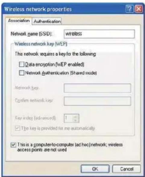 Wireless network properties Association Authentication Network name (SSD): wireless Wireless network key (WEP) This network requires a key for the following: □ Data encryption (wEP enabled) □ Network Authentication (Shared mode) Network key: Confirm network key: Key index (advanced) 1 ✓ The key is provided for me automatically ✓ This is a computer-to-computer (ad hoc) network; wireless access points are not used OK Cancel