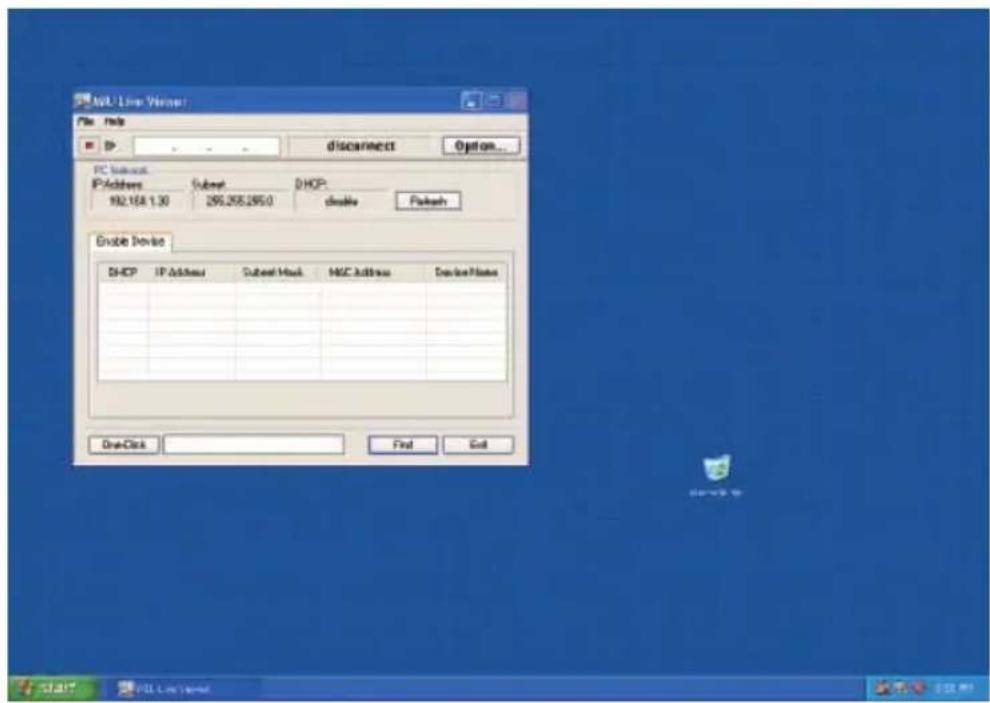 Intel Line Wizard File Help DISCONNECT Option... PC Network IP Address Subset DHCP 192.164 1.30 295.265.295.0 double Push Enable Device DHCP IP Address Subnet Mask DHCP Device Name One-Click Find Edit START NULL Line Wizard