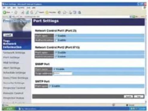 Port Settings Network Control Port1 (Port:23) Port Type: Enable Information: Enable Network Control Port2 (Port:6715) Port Type: Enable Information: Enable SNMP Port Port type: Enable Targa address: 0.014 SMTP Port Port type: Enable Apply Cancel