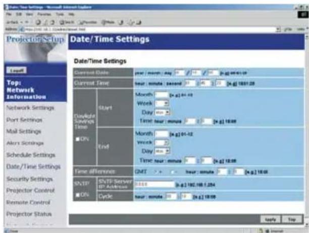Date/ Time Settings - Microsoft Internet Explorer File Edit View Favorites Tools Help Projector Setup Date/ Time Settings Date/Time Settings Current Date year / month / day 0 10 20 [x.g] 04:01:28 Current Time hour : minute : second 35 45 5 [x.g] 1691.28 Daylight Savings Time Start Month [x.g] 01-12 Week Day Time hour : minutes 0 1 [x.g] 18:08 End Month [x.g] 01-12 Week Day Time hour : minutes 0 [x.g] 18:08 Time difference GMT > hour : minute 0 [x.g] 18:08 SFTP Server IP Address 0056 [x.g] 1802.168.1.284 ON Cycle hour : minute 0 [x.g] 18:08 Apply Top