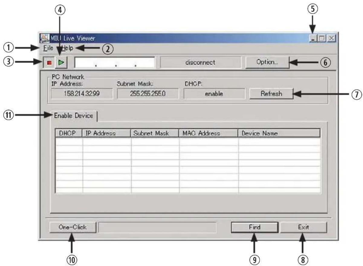 MIL Live Viewer File Help disconnect Option... PC Network IP Address: Subnet Mask: DHCP: 158.214.3299 255.255.255.0 enable Refresh Enable Device DHCP IP Address Subnet Mask MAC Address Device Name One-Click Find Exit ①②③④⑤⑥⑦⑧⑨⑩
