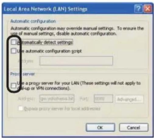 Local Area Network (LAN) Settings Automatic configuration Automatic configuration may override manual settings. To ensure the use of manual settings, disable automatic configuration. □ Automatically detect settings □ Use automatic configuration script <|vision_start|> Proxy server □ Use a proxy server for your LAN (These settings will not apply to Use-up or VPN connections). Address: www.yoshasa.it Port: 0000 Advanced... □ Update proxy server for local addresses OK Cancel