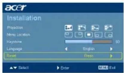 acer Installation Proposition Menu Location Keystone Language English Reset Prepa Select Enter MENU Exit