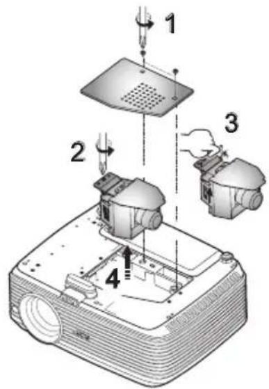 Diagram of a projector with labeled components including slide, base, and fan assembly steps