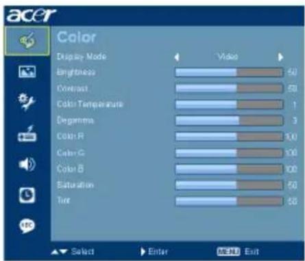 acer Color Display Mode Brightness Compact Color Temperature Degamma Color R Color G Color B Saturation Turb Video 50 50 1 3 50 50 50 Select Enter ACM Exit