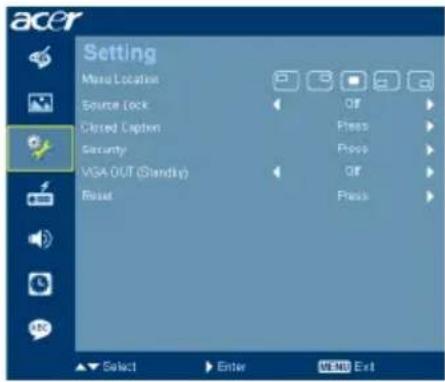 Setting Manual Location Source Lock Closed Caption Security VGA OUT (Standby) Reset Off Press Press Off Press Select Enter NEW Exit