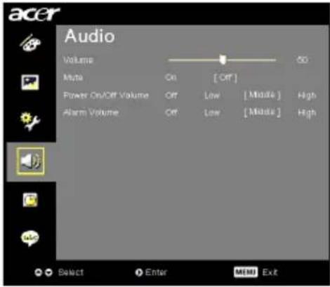 acer Audio Volume Auto On [ Off ] Power On/Off Volume Off Low [ Middle ] High Alarm Volume Off Low [ Middle ] High Select Enter MENU Exit