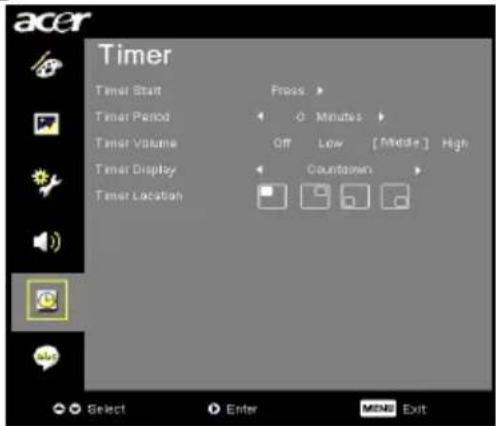 acer Timer Timer Start Press > Timer Period 0 Minutes Timer Volume Off Low [ Middle ] High Timer Display Countdown Timer Location Select Enter MENU Exit