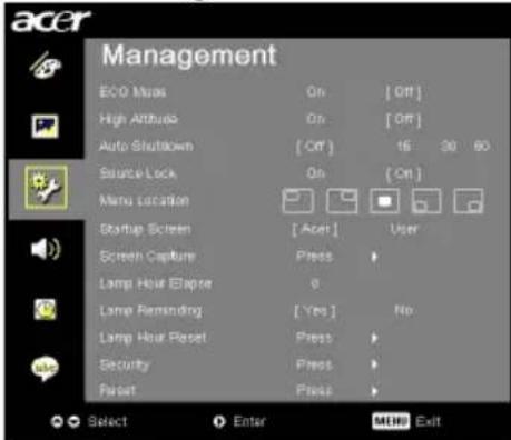 acer Management ECO Motor On [ Off ] High Altitude On [ Off ] Auto-Shutdown [ Off ] 15 30 60 Source Lock On [ On ] Nano Location Startup Screen [ Acet ] User Screen Capture Press > Lamp Hour Elapore 0 Lamp Reminding [ Yes ] No Lamp Hour Reset Press > Security Press > Reset Press > Select Enter MDR Exit
