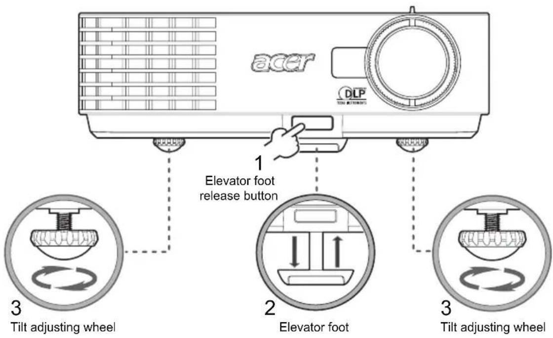 acer DLP TON MOTORS 1 Elevator foot release button 2 Elevator foot 3 Tilt adjusting wheel 3 Tilt adjusting wheel