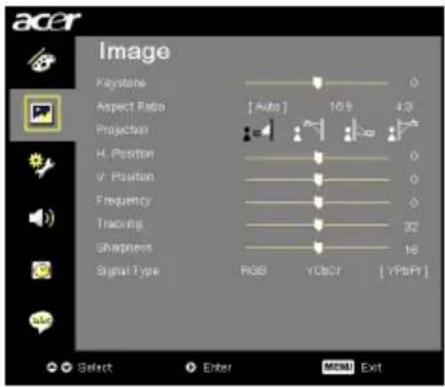 acer Image Keystone Aspect Ratio [ Auto ] 10.8 4.3 Projection H. Position V. Position Frequency Tracking Sharpness Signal Type RGB YCbOT [ YPbPF ] Select Enter MENU Exit