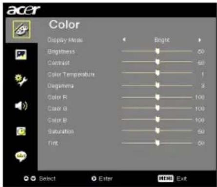acer Color Display Mode Bright Brightness 50 Contrast 60 Color Temperatures 1 Decimono 3 Color R 100 Color G 100 Color B 100 Saturation 50 Tint 50 Select Enter HDMI Exit