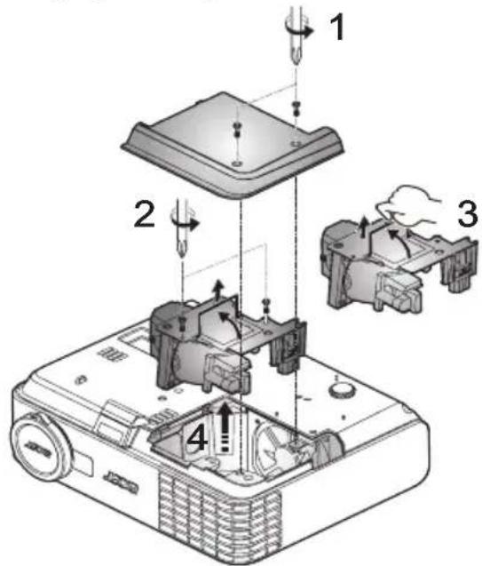 Diagram of a projector with labeled parts and directional arrows indicating assembly or operation