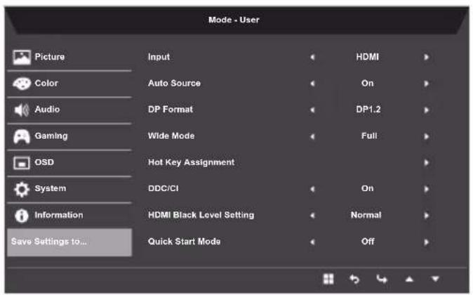 ACER Nitro RG240Y - Save Settings to..... (User mode only) - 2