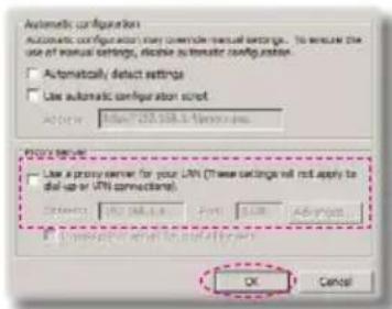 Automatic configuration Automatic configuration may choose manual settings. To ensure the use of manual settings, choose automatic configuration. □ Automatically detect settings □ Use automatic configuration script Active: 100% (25% 100%) Primary settings: Use a proxy server for your LNR (If these settings will not apply to dial-up or LNR connections). Options: 100% (100%) Print: Print Adj: Print OK Cancel