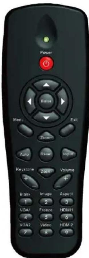 Power Enter Menu Exit Zoom+ Auto Reset Input Keystone Zoom Volumes Blank Image Aspect 1 2 3 VGA1 Freeze HDMI1 4 5 6 VGA2 Video HDMI2 7 8 9