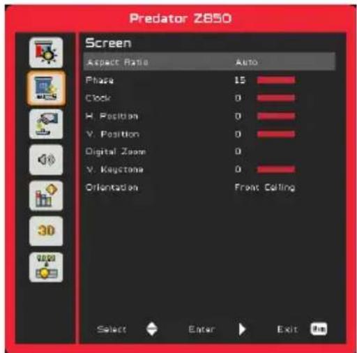 Predator Z850 Screen Aspect Ratio Auto Phase 15 Clock 0 H. Position 0 V. Position 0 Digital Zoom 0 V. Keystone 0 Orientation Front Ceiling Select Enter Exit On