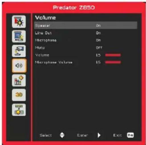 Predator Z850 Volume Speaker On Line Out On Microphone On Muto Off Volume 15 Microphone Volume 15 Select Enter Exit On