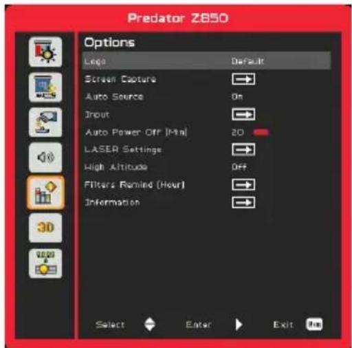 Predator Z850 Options Logo Default Screen Capture Auto Source On Input Auto Power Off [Min] 20 LASER Settings High Altitude Off Filters Remind (Hour) Information Select Enter Exit